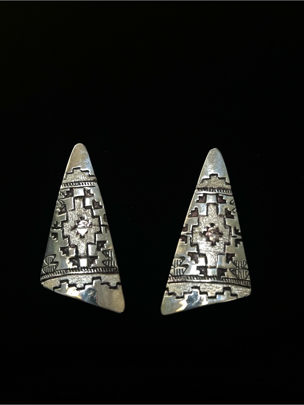 Navajo Elgin Hoskey Sterling Silver Geometric Triangle Earrings, signed EH